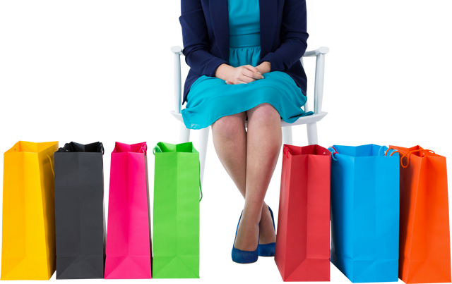 Transparent Lowsection Caucasian Female Sitting with Colorful Shopping Bags - Download Free Stock Videos Pikwizard.com