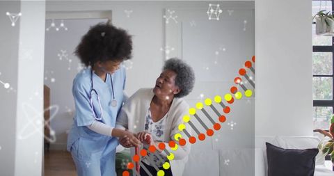 Nurse Assisting Senior Woman at Home with DNA Symbolizing Health
