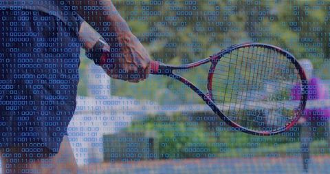 Tennis player holding racket with binary code overlay representing digital sports data