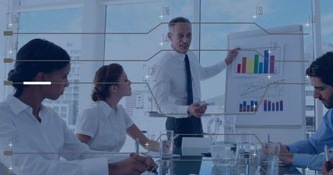 Business team collaborating on financial strategy analysis