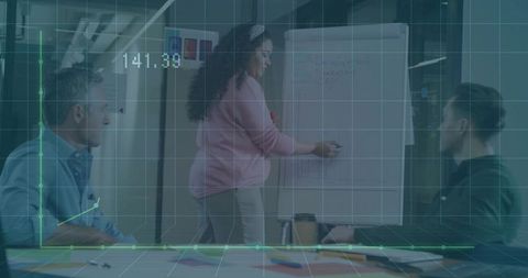 Presenting Team Collaborating Around Flip Chart with Data Overlay and Financial Analytics