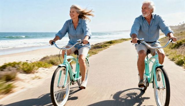 Senior couple riding teal cruiser bicycles along sunny coastal path, active retirement