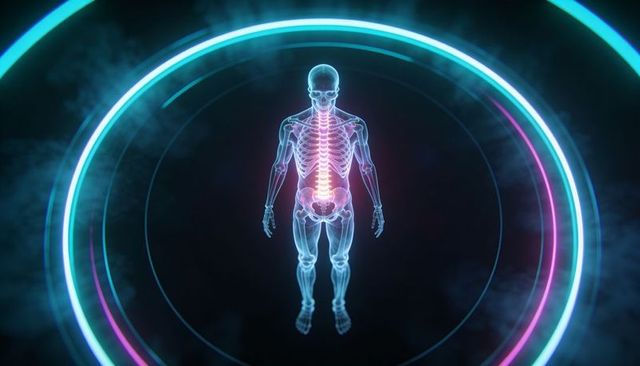 Floating holographic skeleton highlighting spine with glowing neon concentric rings