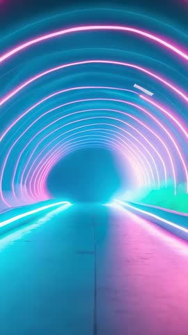 Vertical Neon Tunnel Ride Moving Through Futuristic Glowing Arches with Reflective Floor