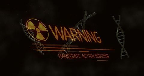 Radiation hazard warning with dna strands in foreground