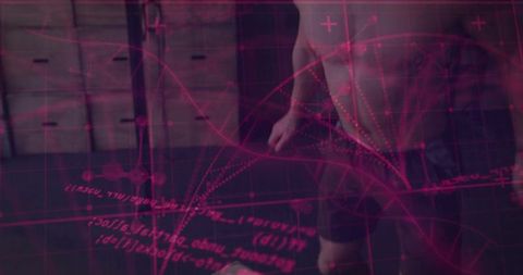 Jumping shirtless athlete powering box jump with magenta data overlay and trajectory grid