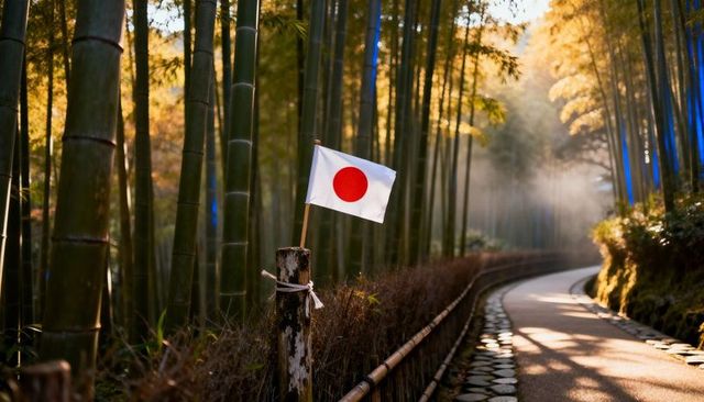 Japanese flag flying at misty bamboo grove path with sunbeams and serene autumn atmosphere