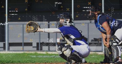 Dynamic female catcher in action at ballpark with digital overlays