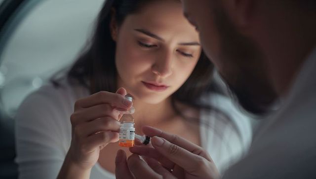 Woman preparing injectable medication in parked car holding syringe and vial