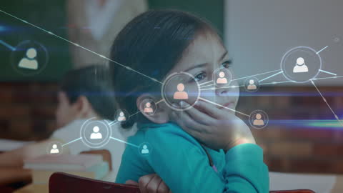 Thoughtful Schoolgirl with Digital Network Overlays