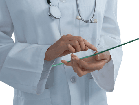 Transparent digital healthcare concept with female doctor and glass tablet