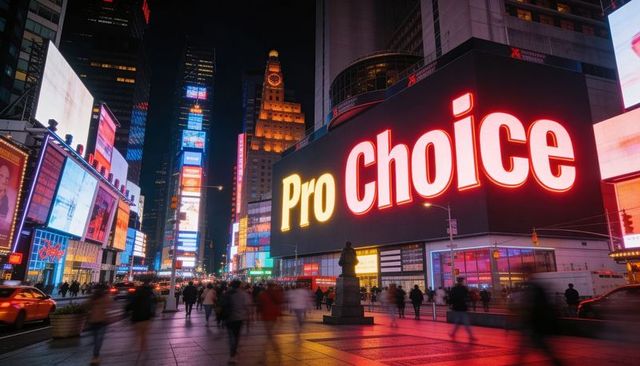 Pro choice billboard lighting up crowded urban plaza at night with neon glow motion blur