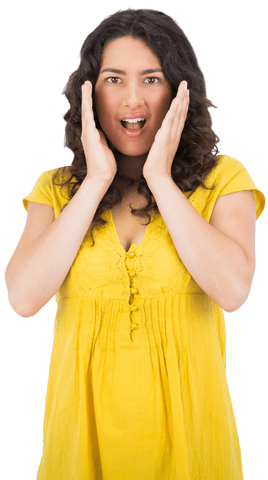 Transparent young woman in yellow dress expressing surprise