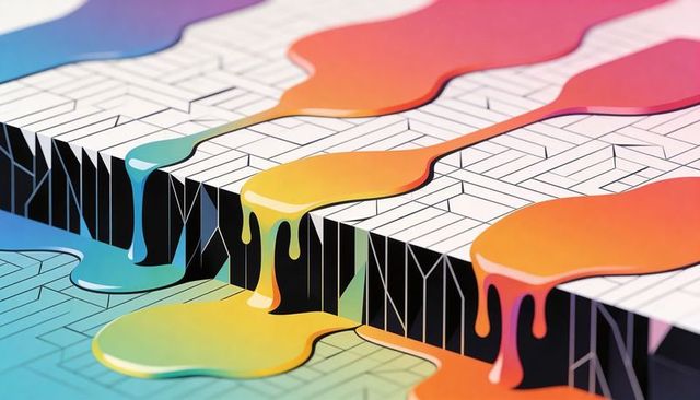 Glossy rainbow drips pouring over black-edged geometric maze block, vibrant gradient