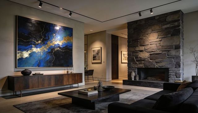 Stone fireplace anchoring modern living room with blue and gold abstract artwork