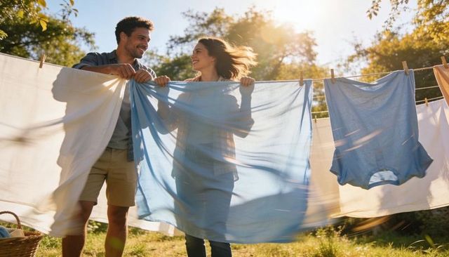 Couple hanging fresh laundry on clothesline in sunlit backyard, smiling together in breeze
