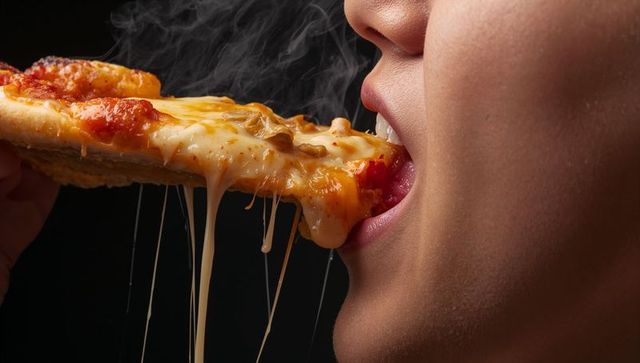 Closeup woman biting steaming slice of cheesy pizza with stretching mozzarella