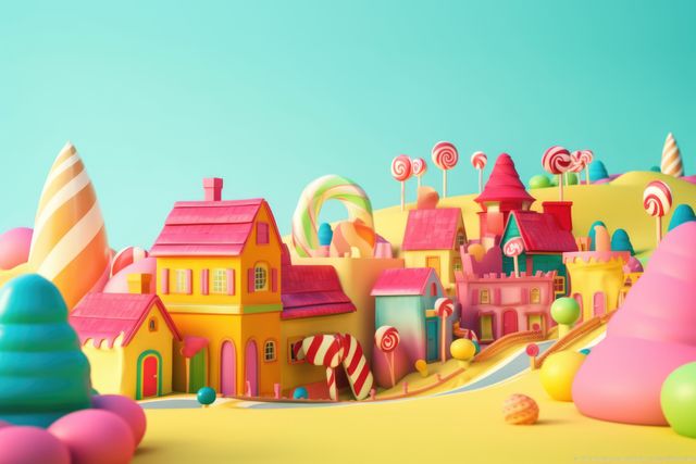 Vibrant Candy Land scene features brightly colored candy houses and large lollipops against light blue sky. Excellent for children's content, dreamlike visuals, storybooks, and animated scenes.