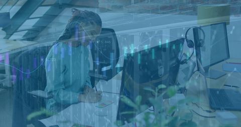 Double Exposure of Businesswoman and Financial Data in Office