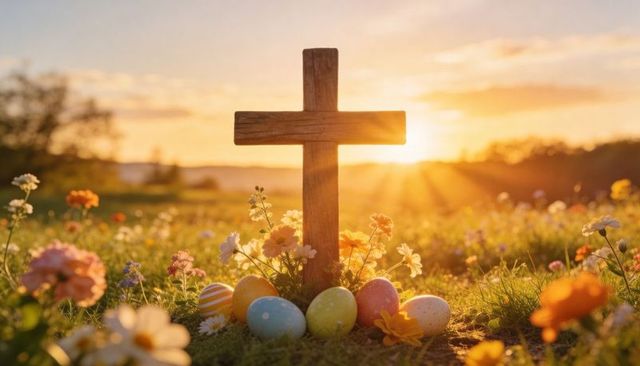 Weathered wooden cross standing in wildflower meadow at sunrise with pastel easter eggs
