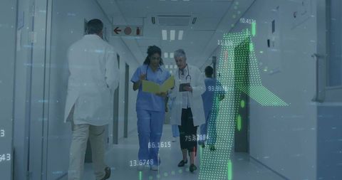 Medical team walking corridor consulting tablet and chart with health data visualization