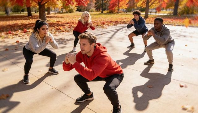 Outdoor group fitness class performing squats on paved park path with autumn foliage