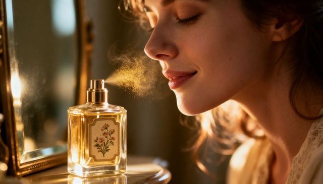 Woman spraying vintage floral perfume bottle smiling with closed eyes at vanity mirror