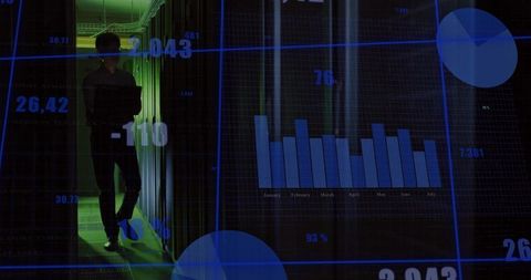 Technician walking in data center with digital overlay