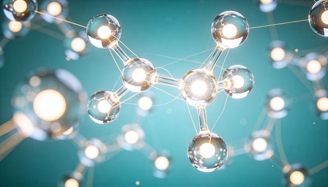 Glowing molecular network of transparent glass spheres linking luminous nodes on teal
