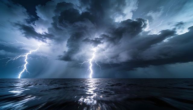 Lightning bolt striking ocean under turbulent storm clouds with dramatic reflections