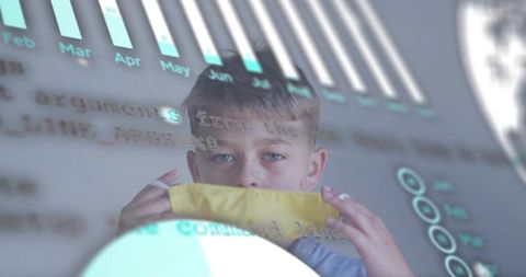 Young boy holding yellow cloth with digital data overlays and teal infographic elements