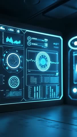 Powering up holographic control panels in futuristic command hub | Vertical tech interface
