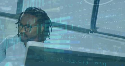 image depicts a focused businessman using a computer, with digital finance data superimposed, emphasizing modern capitalism and finanancial analytics. ideal for illustrating themes of finance technology, economic progress, and tech innovation.