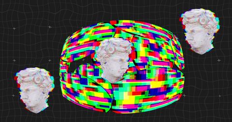 Abstract bust sculpture over vibrant glitched sphere