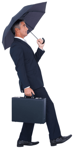 Confident Businessman Walking with Umbrella on Transparent Background