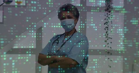 Mature nurse standing arms crossed wearing mask and stethoscope with digital data overlay