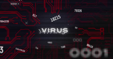 Cyber Security Concept with Circuits and Virus Text Glitch Effect