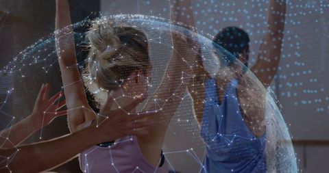 Group Stretching Class with Digital Globe Network Overlay for Virtual Fitness and Wellness