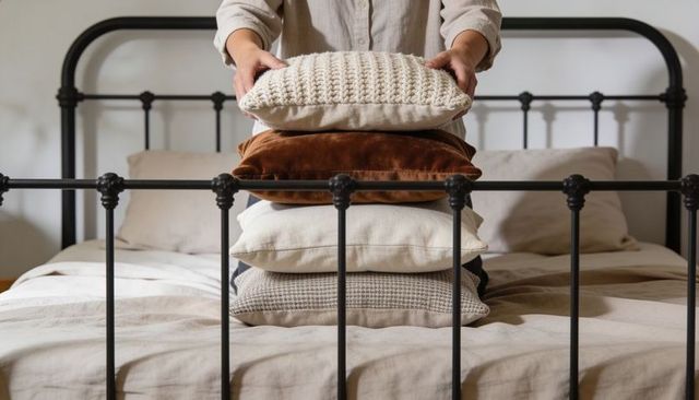 Hands arranging neutral decorative pillows on iron bed with knit cushion and velvet accent