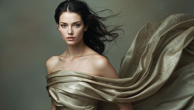 Luminescent Metallic-Satin Portrait of Model Draped in Flowing Fabric, Wind-Swept Hair