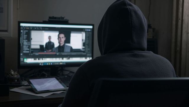 Late-night video editor in hooded sweatshirt working on widescreen monitor in home studio