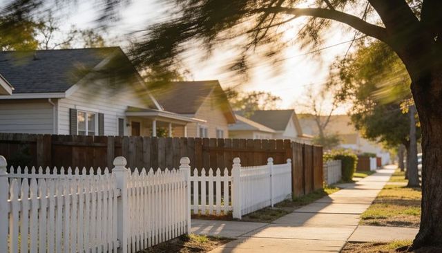 White picket fence lining sunlit suburban sidewalk during golden hour, tree-lined neighborhood charm
