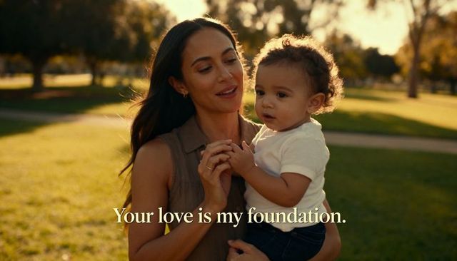 Mother holding toddler in sunlit park showing ring and tender bonding moment