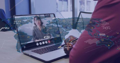 Global remote collaboration on laptop with interactive data overlay and virtual meeting interface