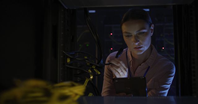 Female IT professional working in a server room examining cables and using a tablet. Ideal for illustrating technology fields such as network administration, data management, cybersecurity, and IT infrastructure. Perfect for promotions related to career opportunities in IT, educational materials for technical courses, and corporate technology services.