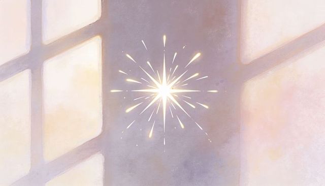 Luminous starburst glowing through window grid on pastel wall, soft radiant abstract art