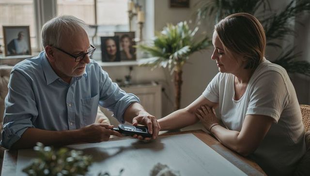Senior man testing blood glucose on woman at home dining table — compassionate caregiving moment