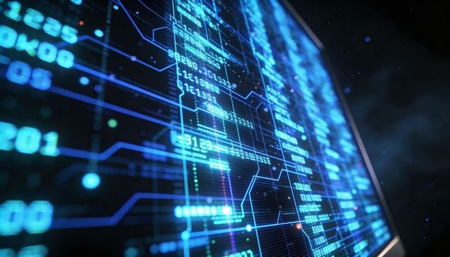 Glowing cyan data dashboard displaying digital grid and numeric readouts on monitor screen