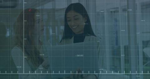 Business Colleagues Analyzing Financial Data with Digital Network Overlay