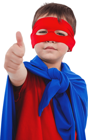 Confident child superhero giving thumbs up with red mask on transparent background